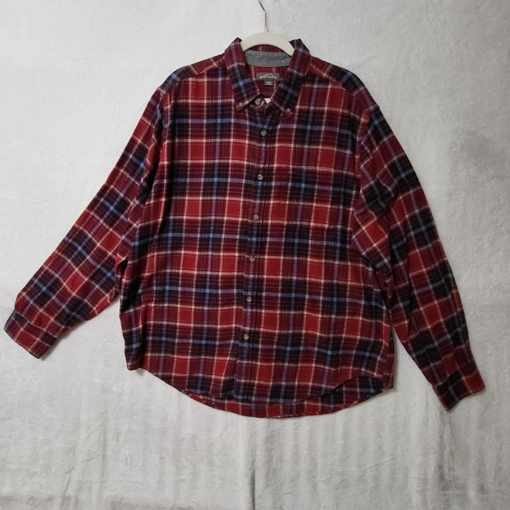 Eddie Bauer Shirt Mens 2XL Red Plaid‎ Flannel Button Up Long Sleeve Outdoor Work